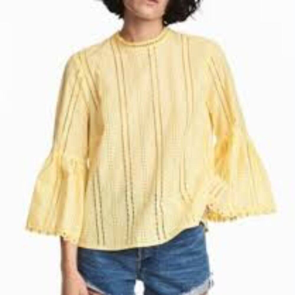 H&M Yellow Cutwork Embroidery Blouse Trumpet Cuffs Cotton Size 14